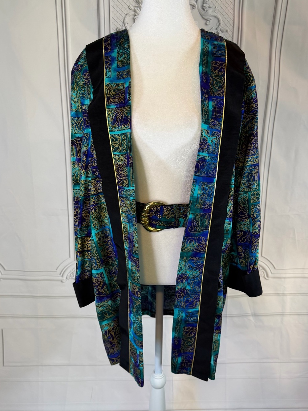 Ultra Dress Vintage Jewel Tone Kimono Jacket 12 Teal Gold Belted USA Byzantine
